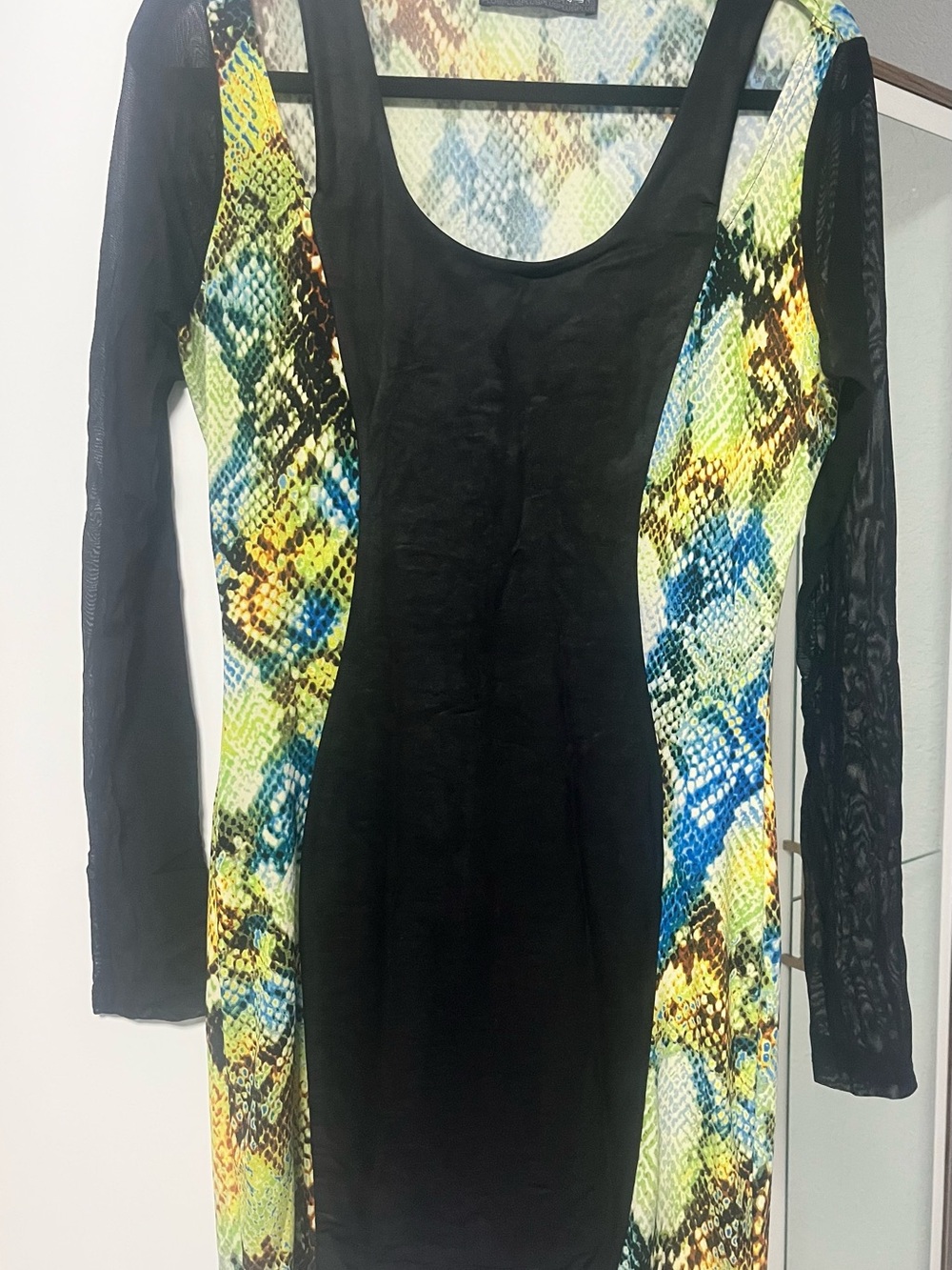 Women’s Black Bodycon Dress with Yellow-Blue Snake Print Panels